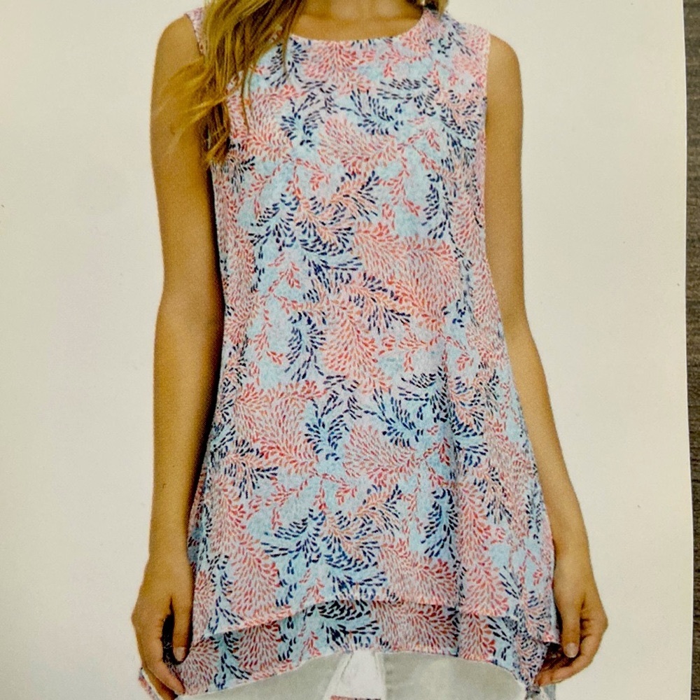 LIGHT BLUE PINK PRINTS LAYERED  TUNIC SLEEVELESS FLOWY TOP